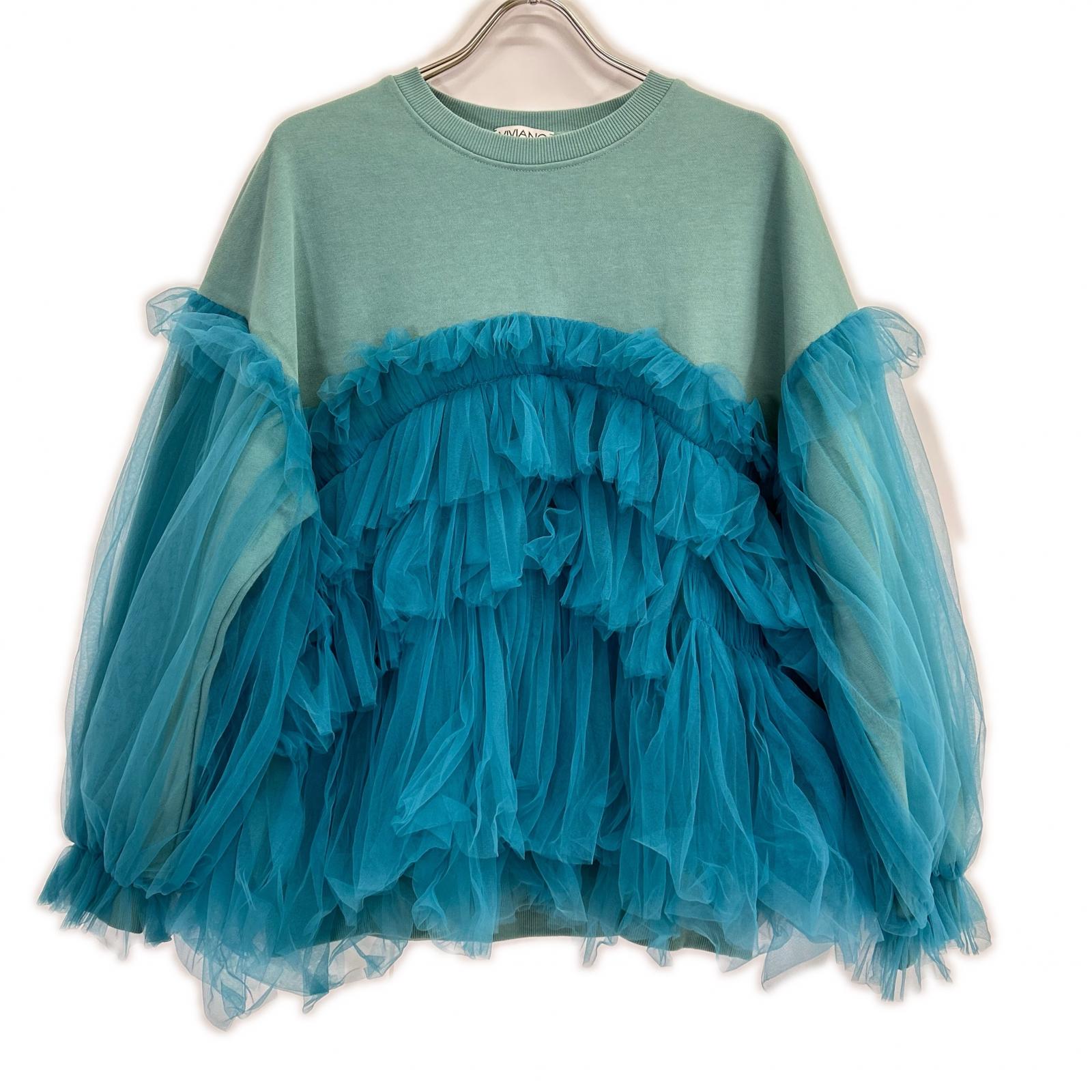 VIVIANO ヴィヴィアーノ VS-AW23-CS05 ブルー Gathered Tulle Trimmed Sweat トップス