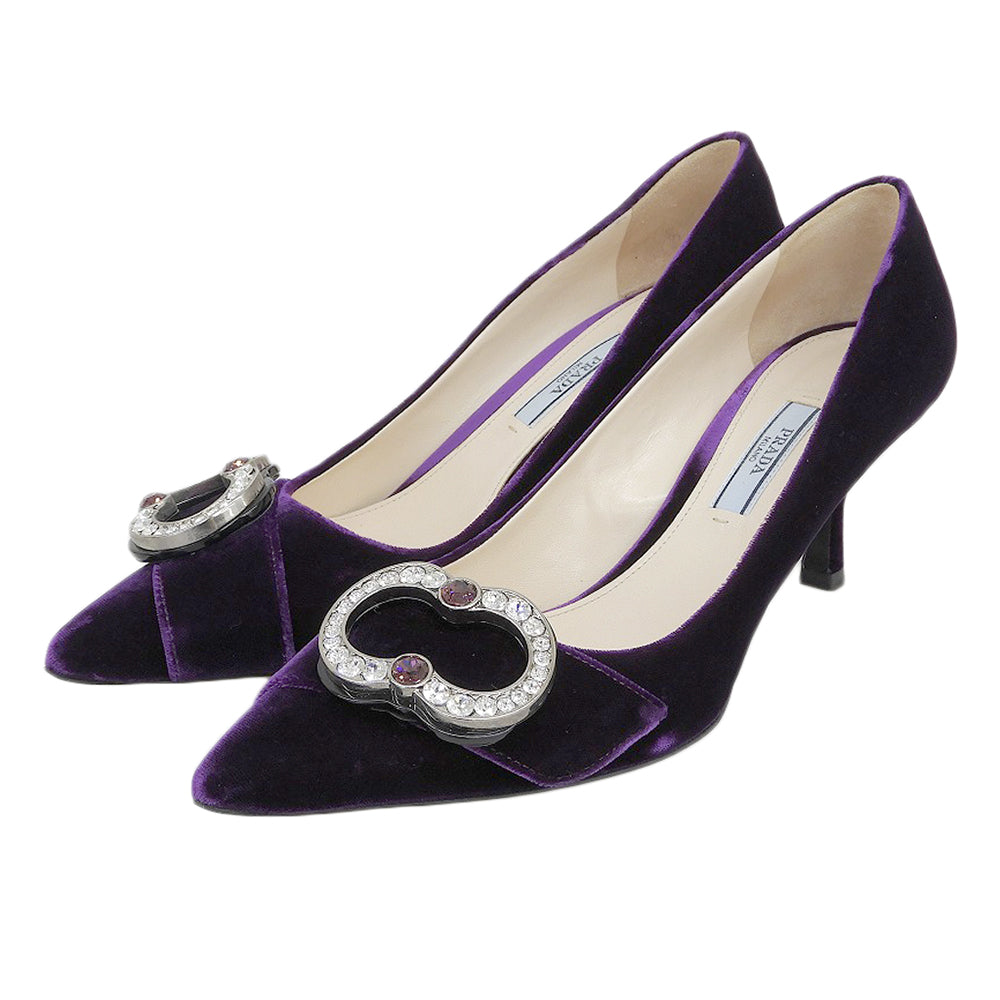 PRADA プラダ 美品 ベルベット クリスタルビジュー バックル ミュール パンプス レディース パープル 37 シューズ