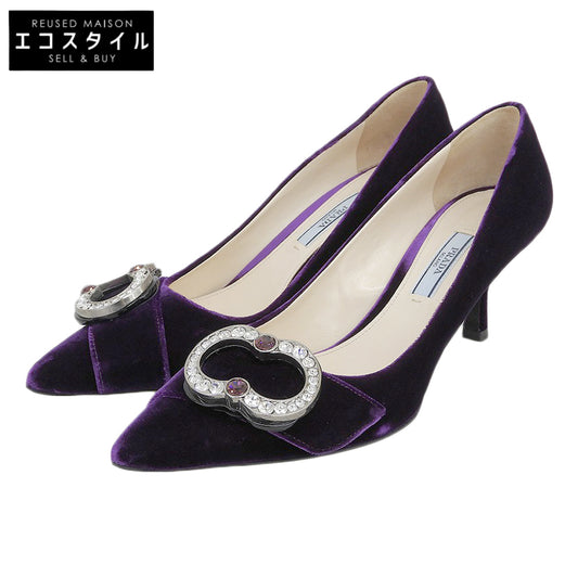 PRADA プラダ 美品 ベルベット クリスタルビジュー バックル ミュール パンプス レディース パープル 37 シューズ