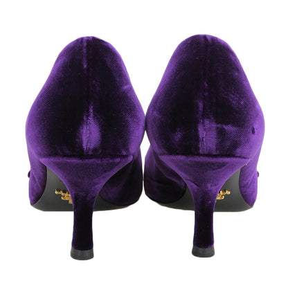 PRADA プラダ 美品 ベルベット クリスタルビジュー バックル ミュール パンプス レディース パープル 37 シューズ