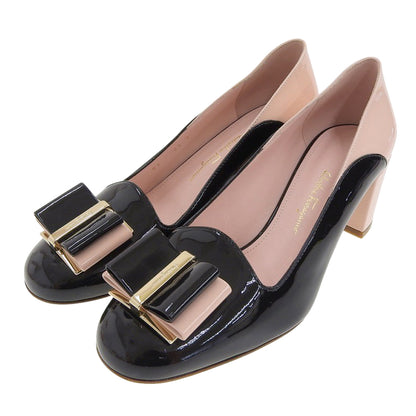 SalvatoreFerragamo サルバトーレフェラガモ 新品同様 ヴァラ・リボン ラウンドトゥ パテント パンプス レディース ブラック×ピンク 6.5 シューズ