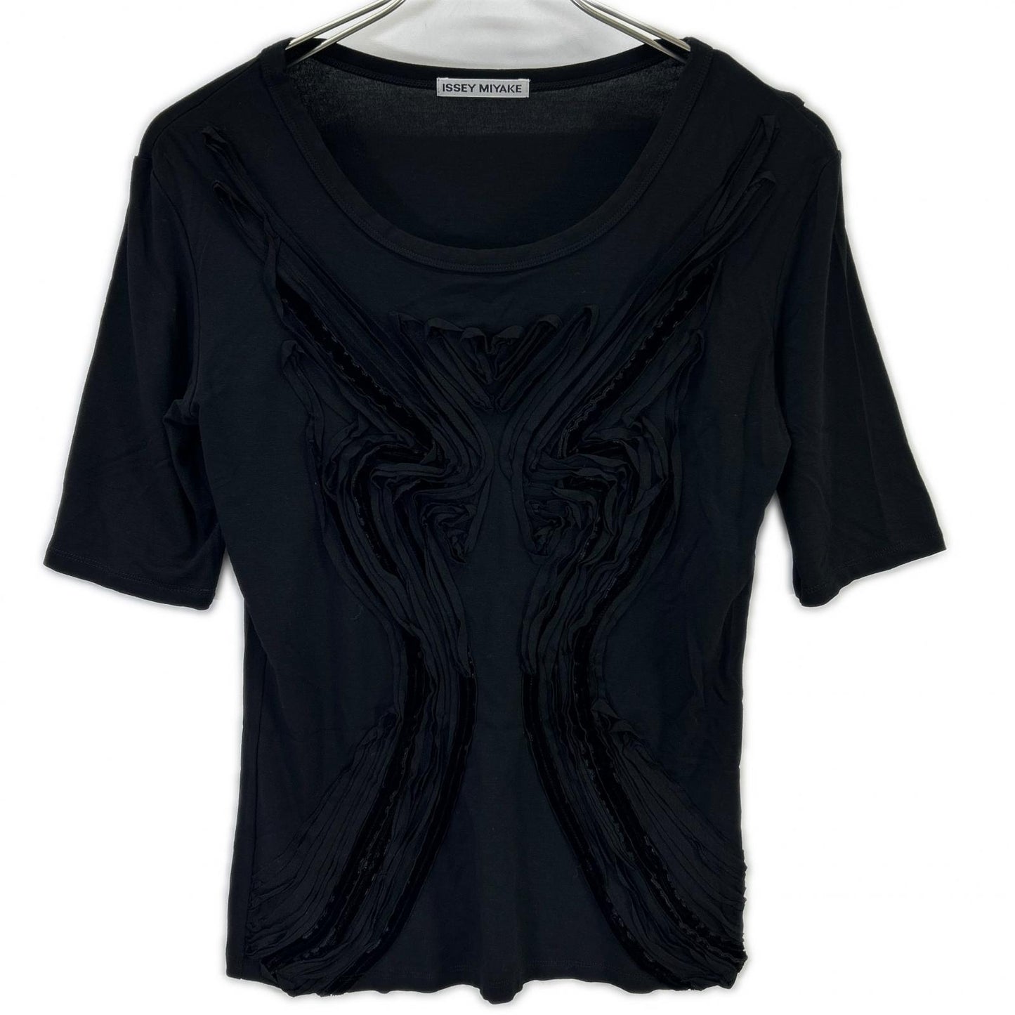ISSEY MIYAKE イッセイミヤケ IM61JK003 ブラック ベロア フリルデザイン 半袖カットソー トップス