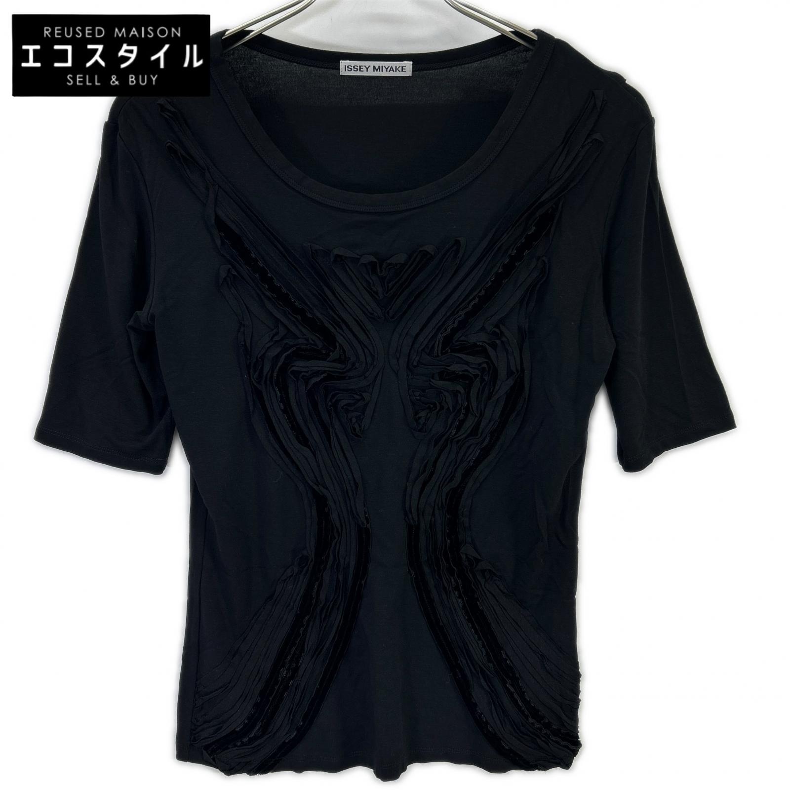 ISSEY MIYAKE イッセイミヤケ IM61JK003 ブラック ベロア フリルデザイン 半袖カットソー トップス