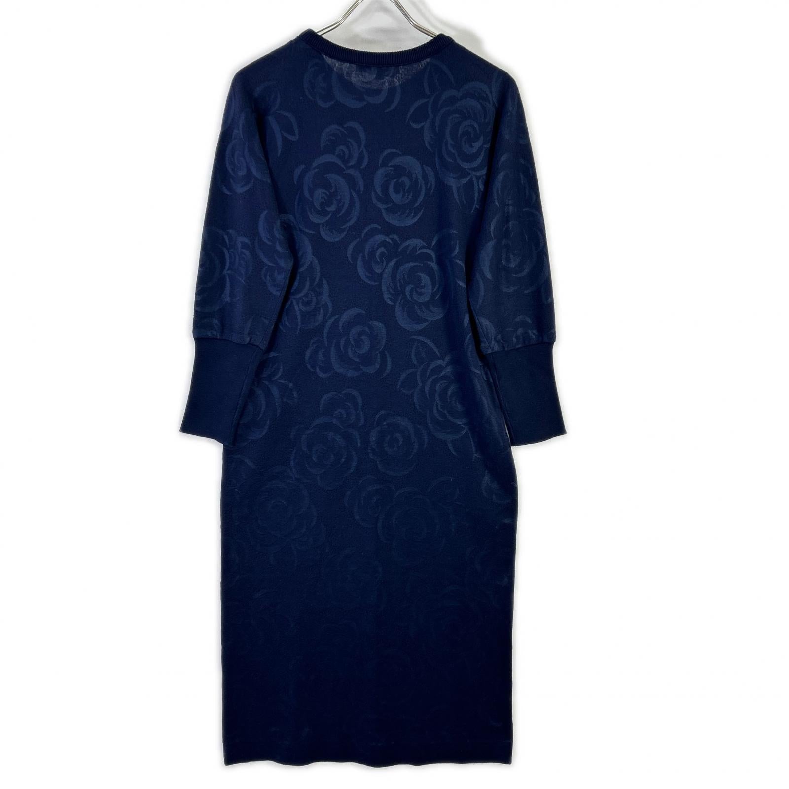 HANAE MORI ハナエモリ 【HANAE MORI Knit】ネイビー バラジャカード ロングリブニットワンピース ワンピース