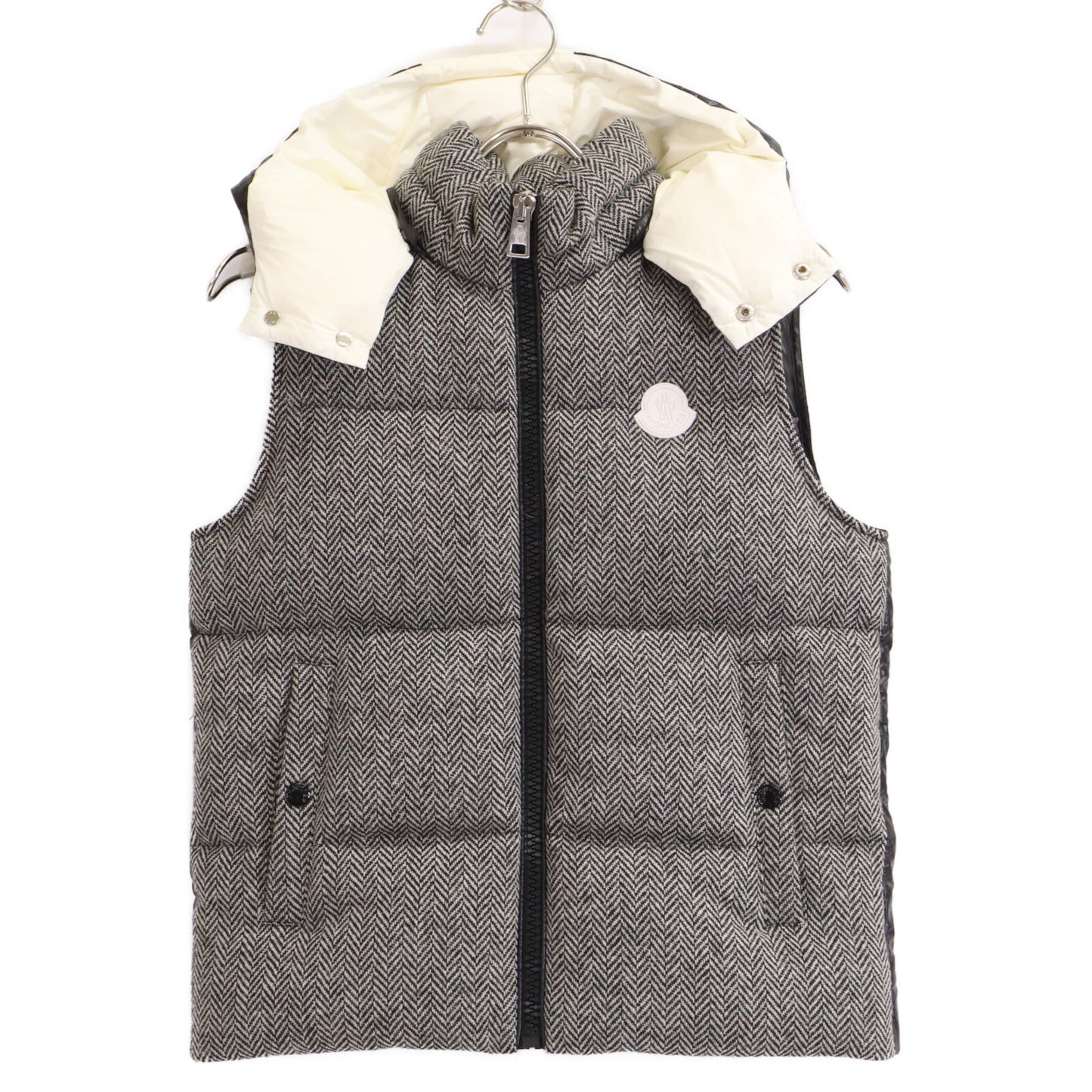 MONCLER モンクレール 【美品】BAKI ヘリンボーン ウール/ナイロン切替 フード付ダウン ベスト