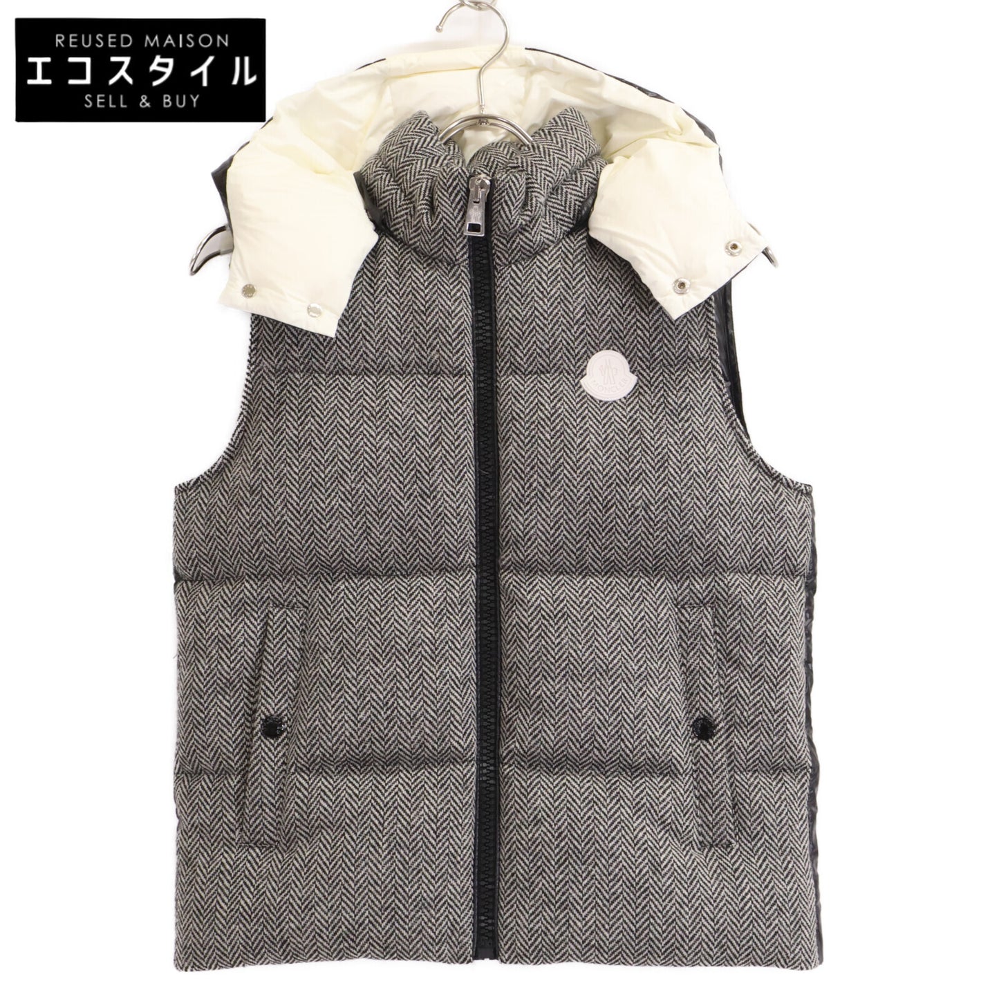 MONCLER モンクレール 【美品】BAKI ヘリンボーン ウール/ナイロン切替 フード付ダウン ベスト
