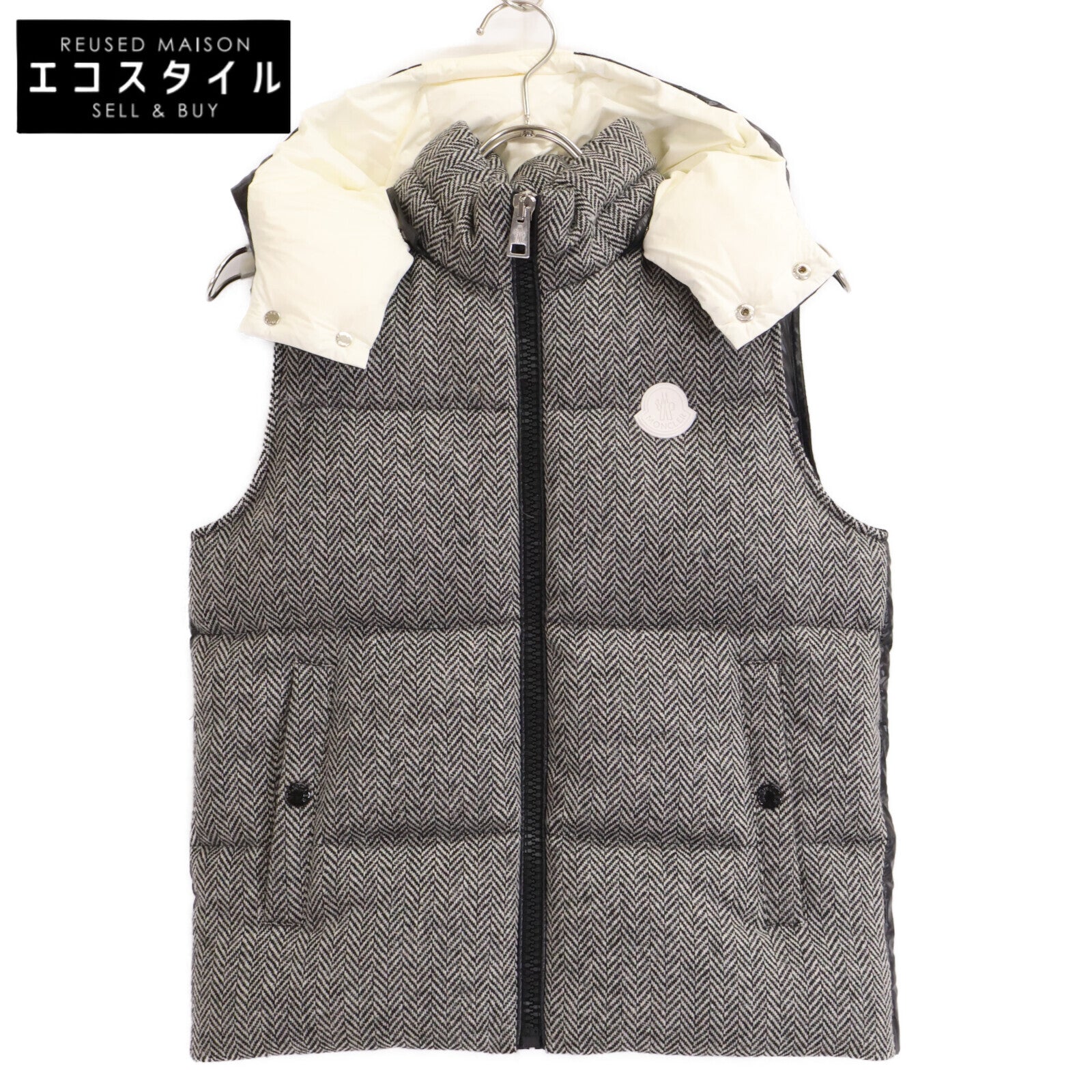 MONCLER モンクレール 【美品】BAKI ヘリンボーン ウール/ナイロン切替 フード付ダウン ベスト