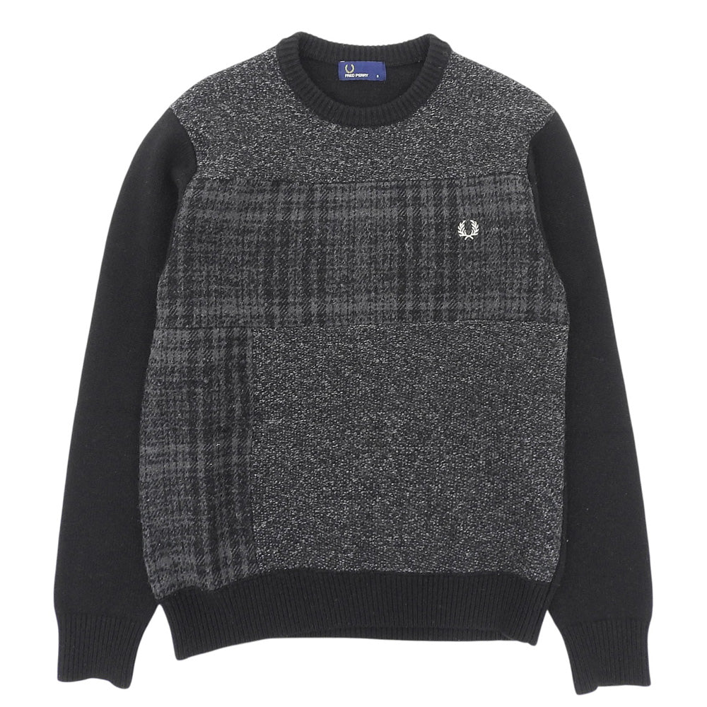 FRED PERRY フレッドペリー 美品 クルーネック セーター ウール混 トップス メンズ グレー×ブラック S F3196 トップス