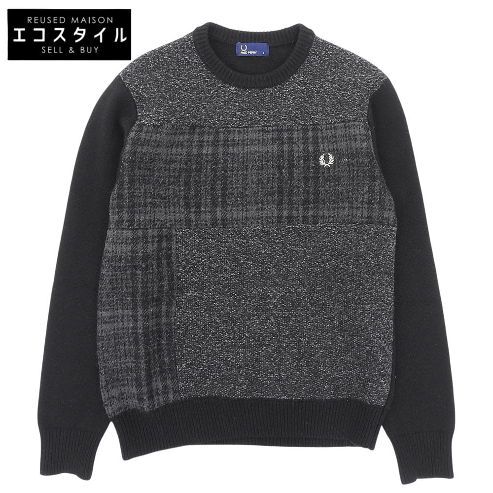 FRED PERRY フレッドペリー 美品 クルーネック セーター ウール混 トップス メンズ グレー×ブラック S F3196 トップス