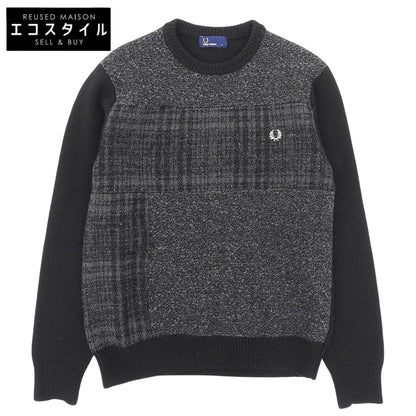 FRED PERRY フレッドペリー 美品 クルーネック セーター ウール混 トップス メンズ グレー×ブラック S F3196 トップス