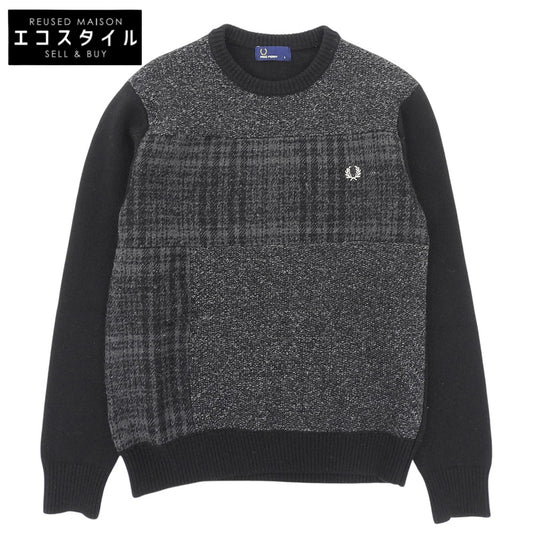 FRED PERRY Fred Perry excellent-condition crew-neck wool-blend sweater tops men's gray×black S F3196 tops
