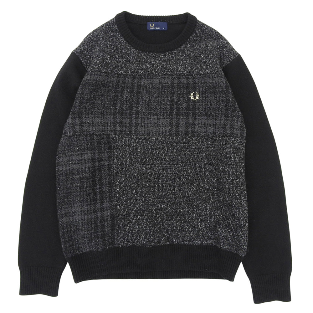 FRED PERRY フレッドペリー 美品 クルーネック セーター ウール混 トップス メンズ グレー×ブラック M F3196 トップス