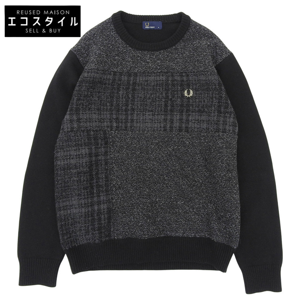 FRED PERRY フレッドペリー 美品 クルーネック セーター ウール混 トップス メンズ グレー×ブラック M F3196 トップス