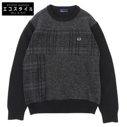 FRED PERRY フレッドペリー 美品 クルーネック セーター ウール混 トップス メンズ グレー×ブラック M F3196 トップス