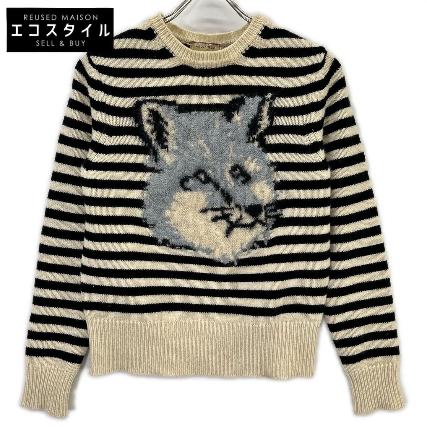 MAISON KITSUNE メゾンキツネ FW15W626 アイボリー×ブラック ウールモヘア フォックスヘッド セーター トップス