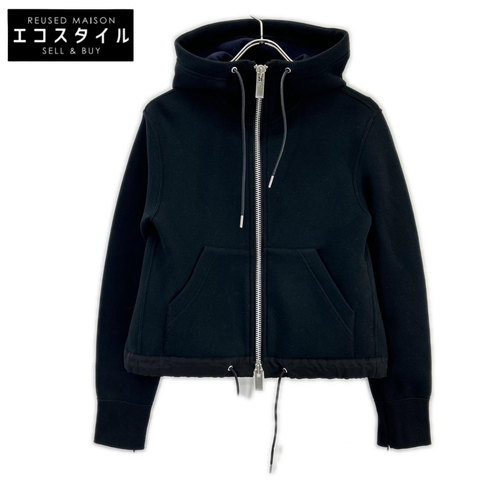 sacai サカイ 23年 23-06683 ブラック ドローストリング スポンジ スウェット ジップアップ フーディ パーカー トップス