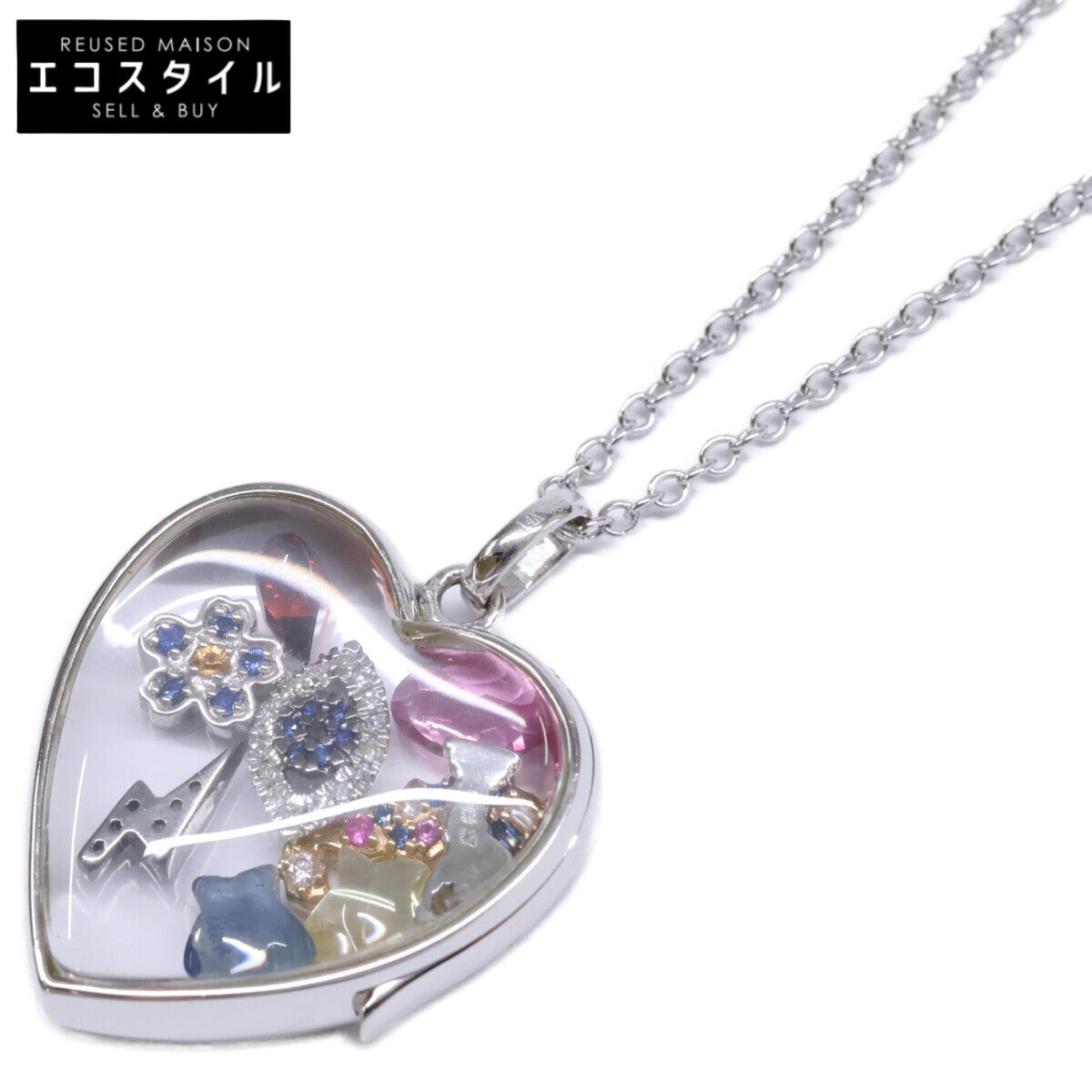LOQUET LONDON ロケット・ロンドン 仕上げ済み K14WG サファイアクリスタル ハート型L ペンダントトップ チェーン ネックレス チャームセット ネックレス