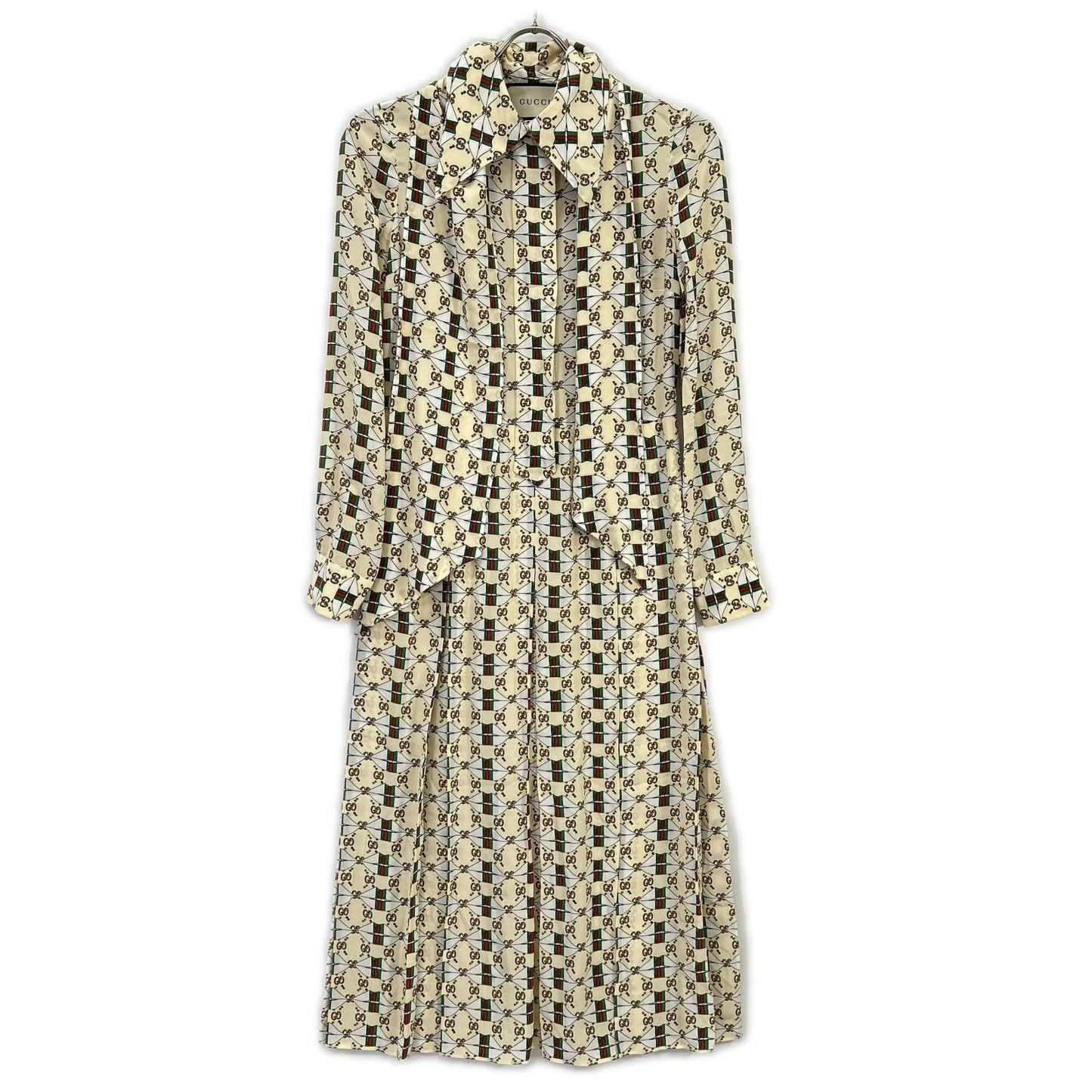 GUCCI グッチ 477109 ZJX14 アイボリー ウェブキスプリント 総柄 ボウタイ ワンピースドレス ワンピース