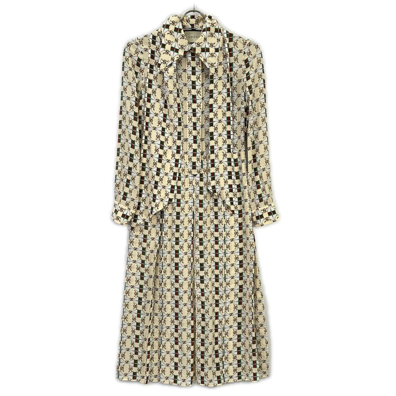GUCCI グッチ 477109 ZJX14 アイボリー ウェブキスプリント 総柄 ボウタイ ワンピースドレス ワンピース