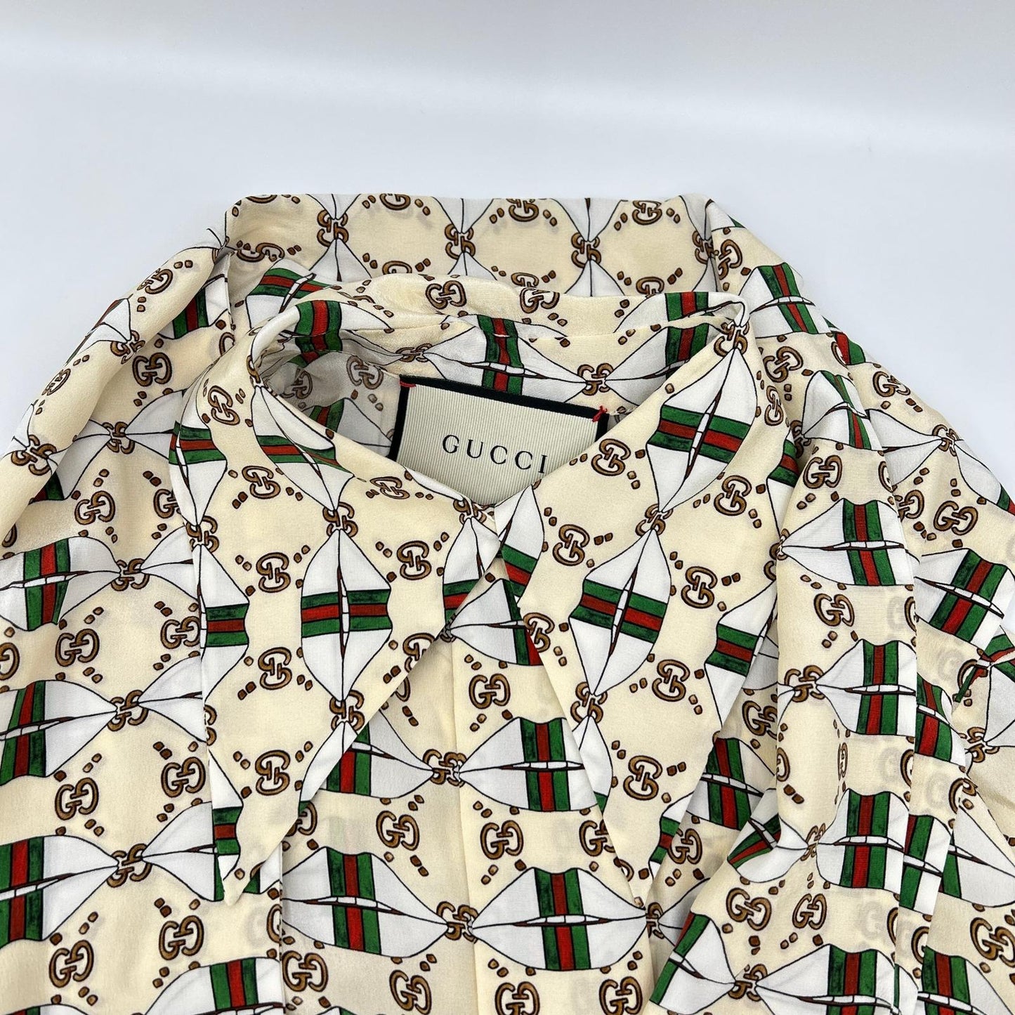 GUCCI グッチ 477109 ZJX14 アイボリー ウェブキスプリント 総柄 ボウタイ ワンピースドレス ワンピース