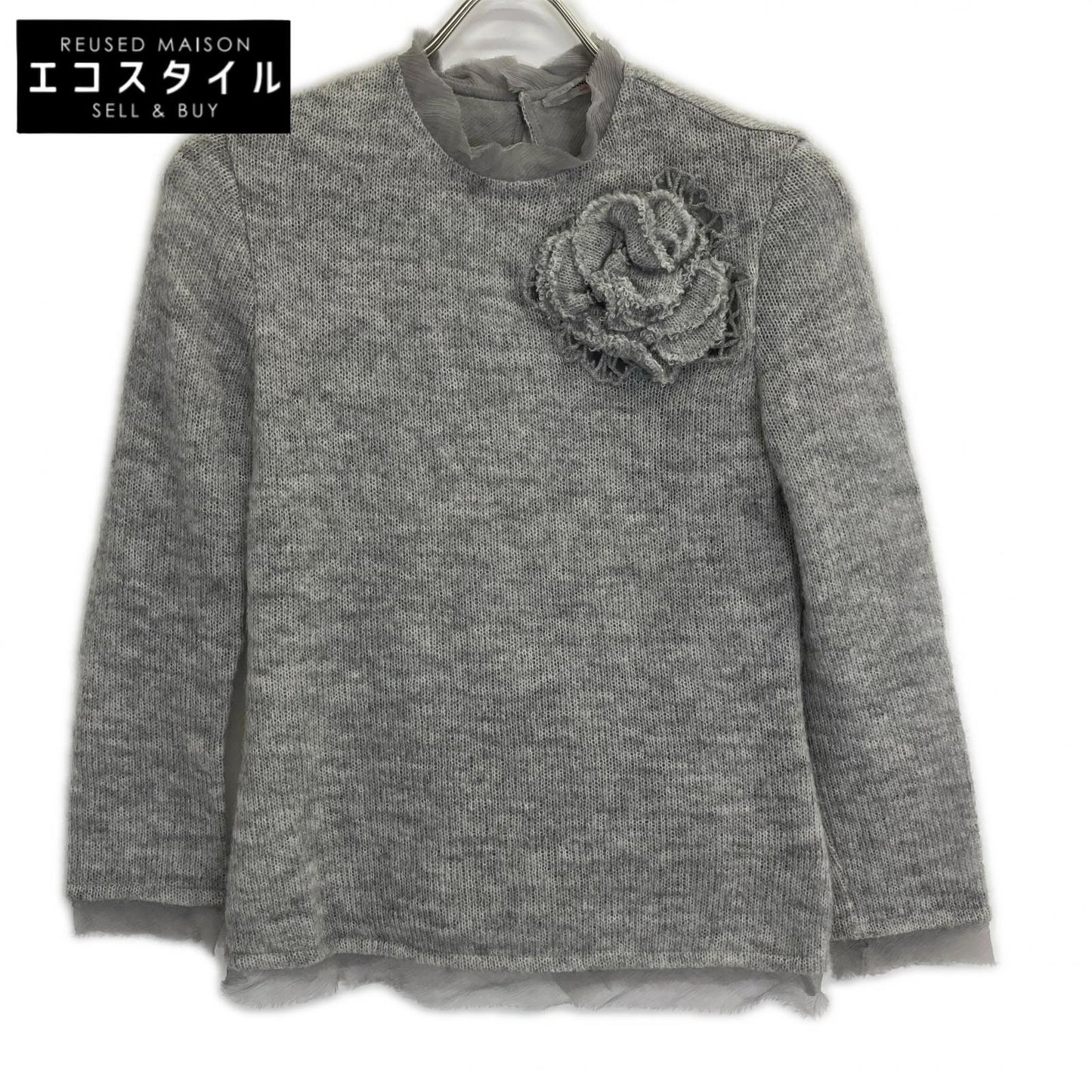 ERMANNO SCERVINO gray ES9813103 mohair-blend tulle floral sheer knit top