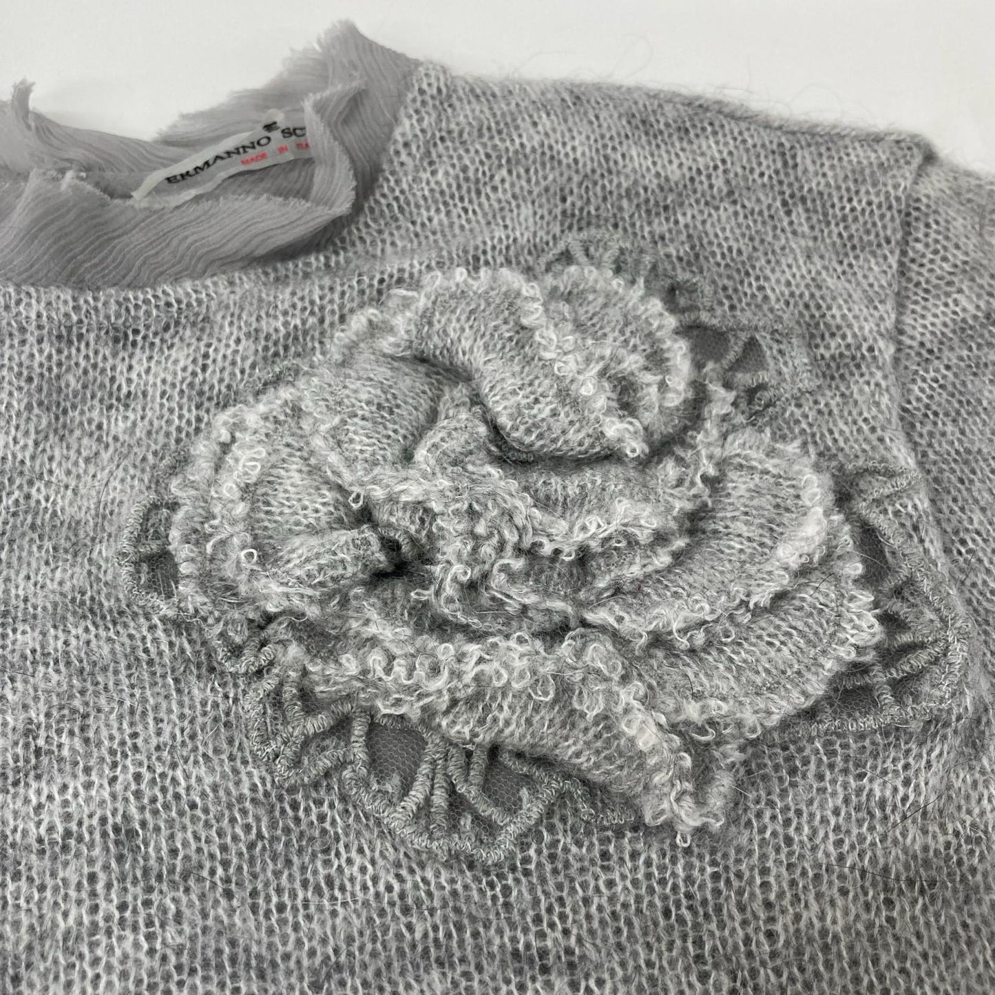 ERMANNO SCERVINO gray ES9813103 mohair-blend tulle floral sheer knit top