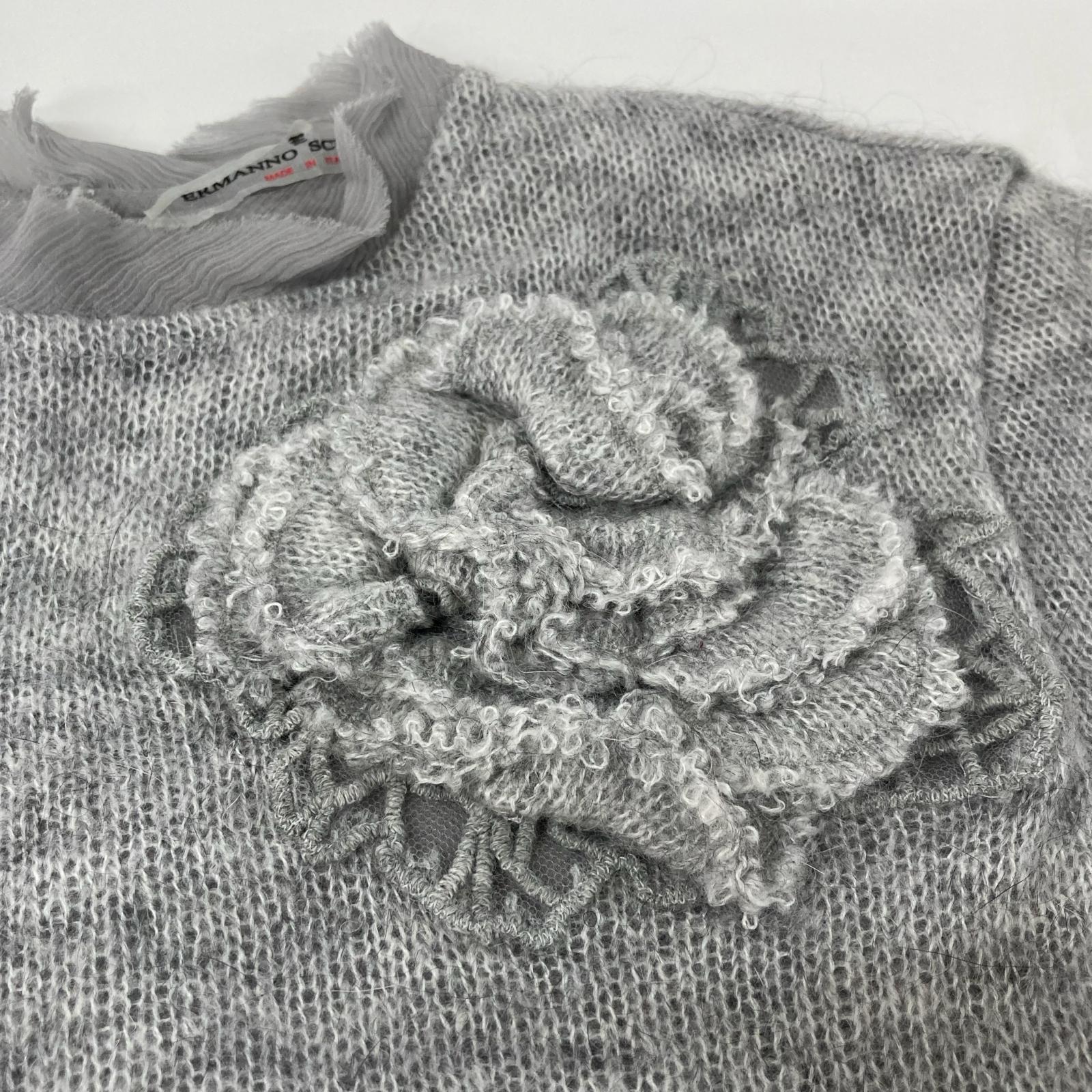 ERMANNO SCERVINO gray ES9813103 mohair-blend tulle floral sheer knit top