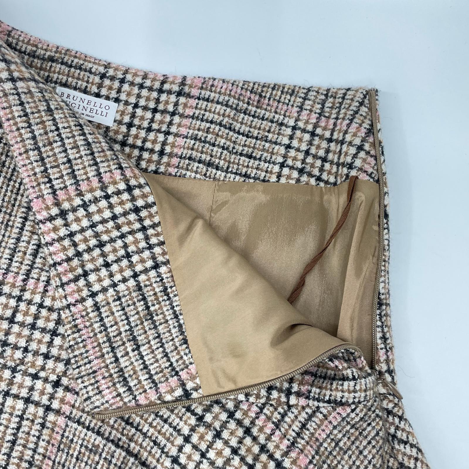 BRUNELLO CUCINELLI ブルネロクチネリ MD527G3329 22年 ブラウン チェック ウール×アルパカ Aライン フレアスカート スカート