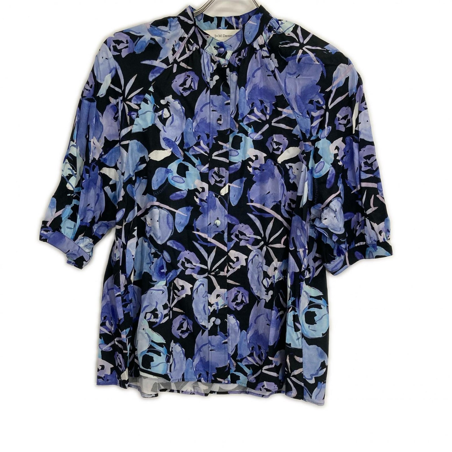 J&MDavidson ジェイアンドエムデヴィッドソン パープル×ブラック フローラルプリントレーヨンノーカラー半袖シャツ トップス