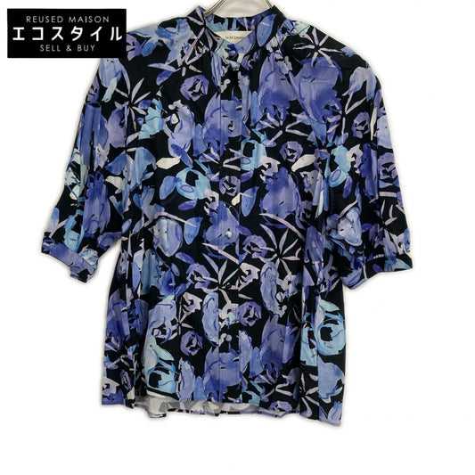 J&MDavidson ジェイアンドエムデヴィッドソン パープル×ブラック フローラルプリントレーヨンノーカラー半袖シャツ トップス