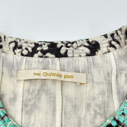 ne quittez pas ヌキテパ 010541ZT1 ホワイト ドビーストライプ ダマスクプリント刺繍 ノースリーブドレス ワンピース