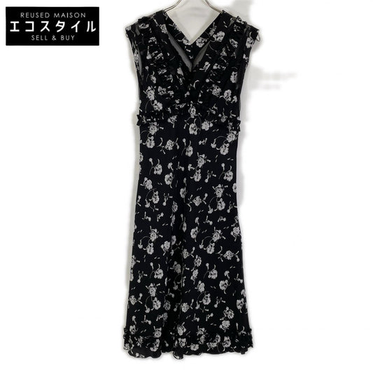 ERMANNO SCERVINO エルマノシェルビーノ D342Q340GTD ブラック 花柄 フリル付き Vネックノースリーブワンピース ワンピース