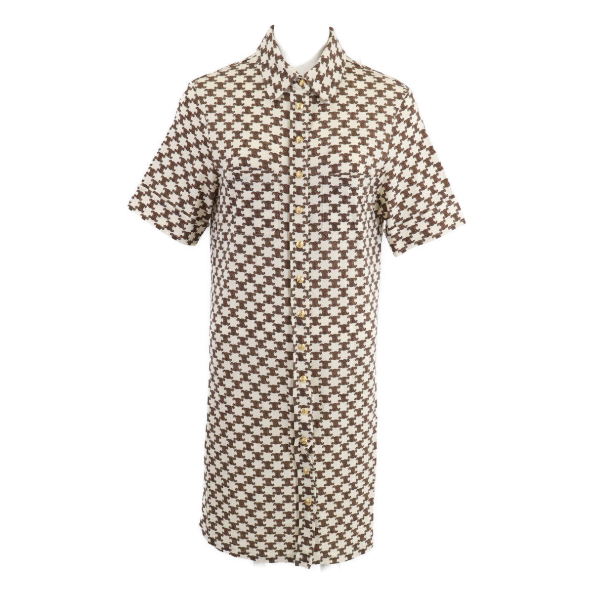 Celine [Domestic Authentic] 2X37B962R Macadam All-Over-Print Wool × Cashmere Front-Button Short-Sleeve Dress