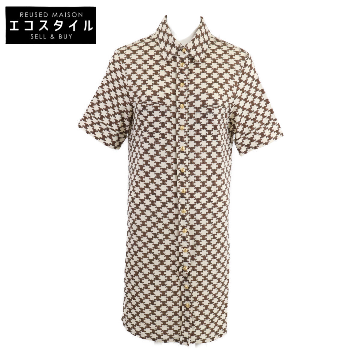 Celine [Domestic Authentic] 2X37B962R Macadam All-Over-Print Wool × Cashmere Front-Button Short-Sleeve Dress