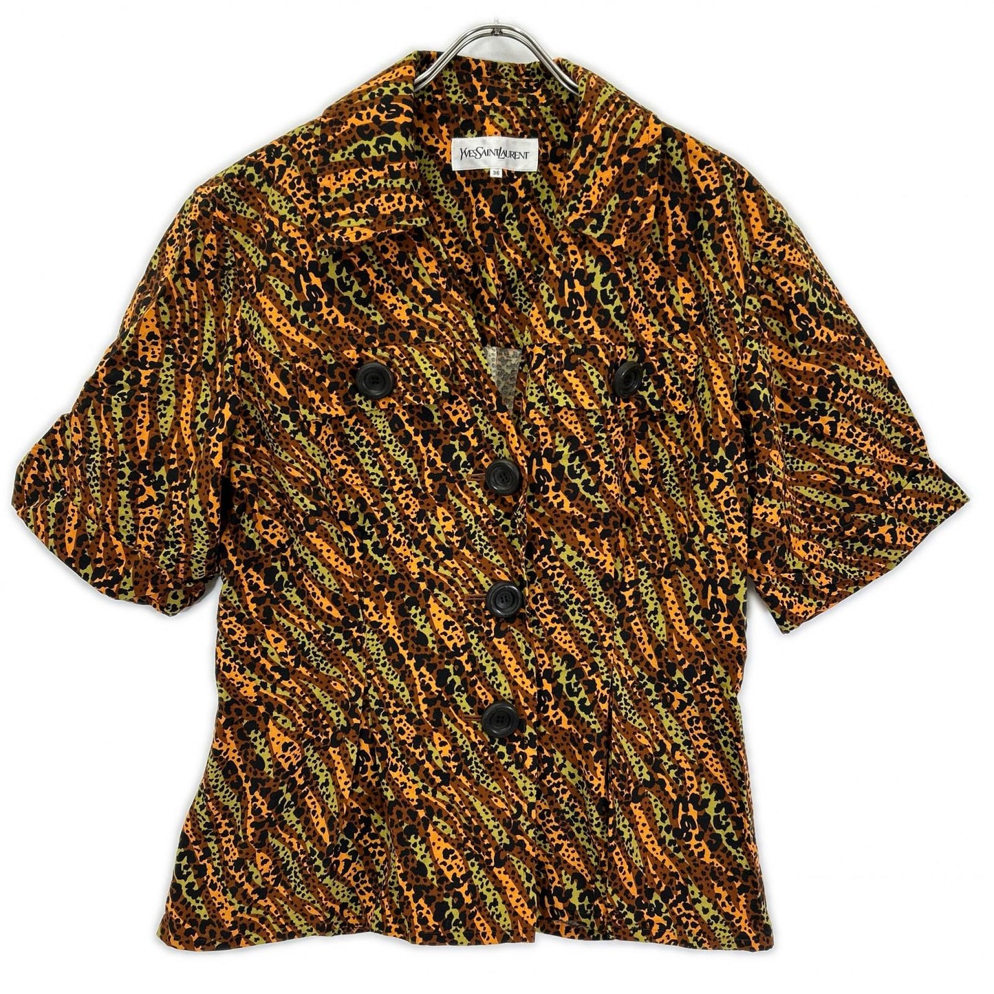 YvesSaintLaurent イヴサンローラン HZ171-616 ブラウン レオパード BIG釦 ヴィンテージ Vネック シャツ ジャケット ジャケット