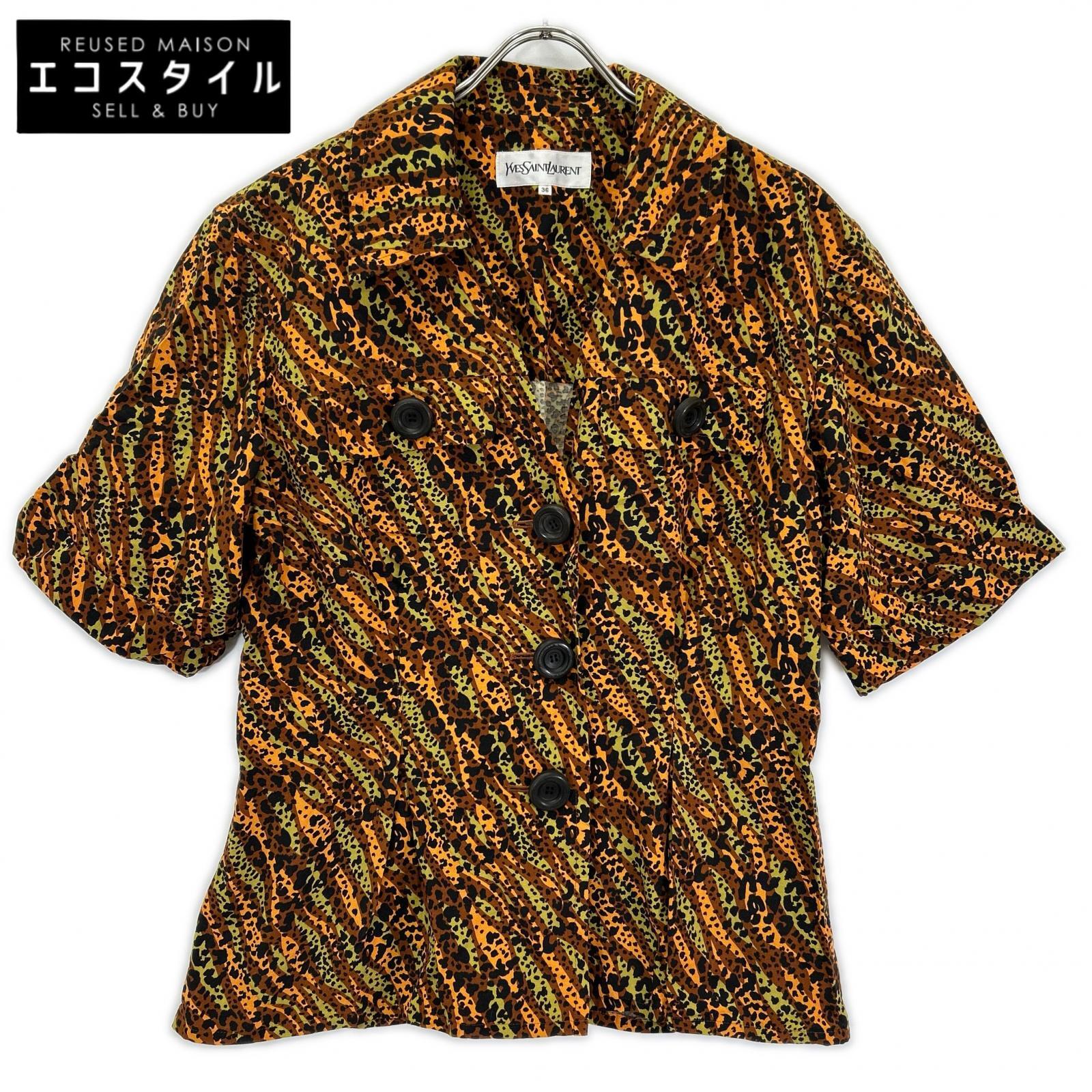 YvesSaintLaurent イヴサンローラン HZ171-616 ブラウン レオパード BIG釦 ヴィンテージ Vネック シャツ ジャケット ジャケット