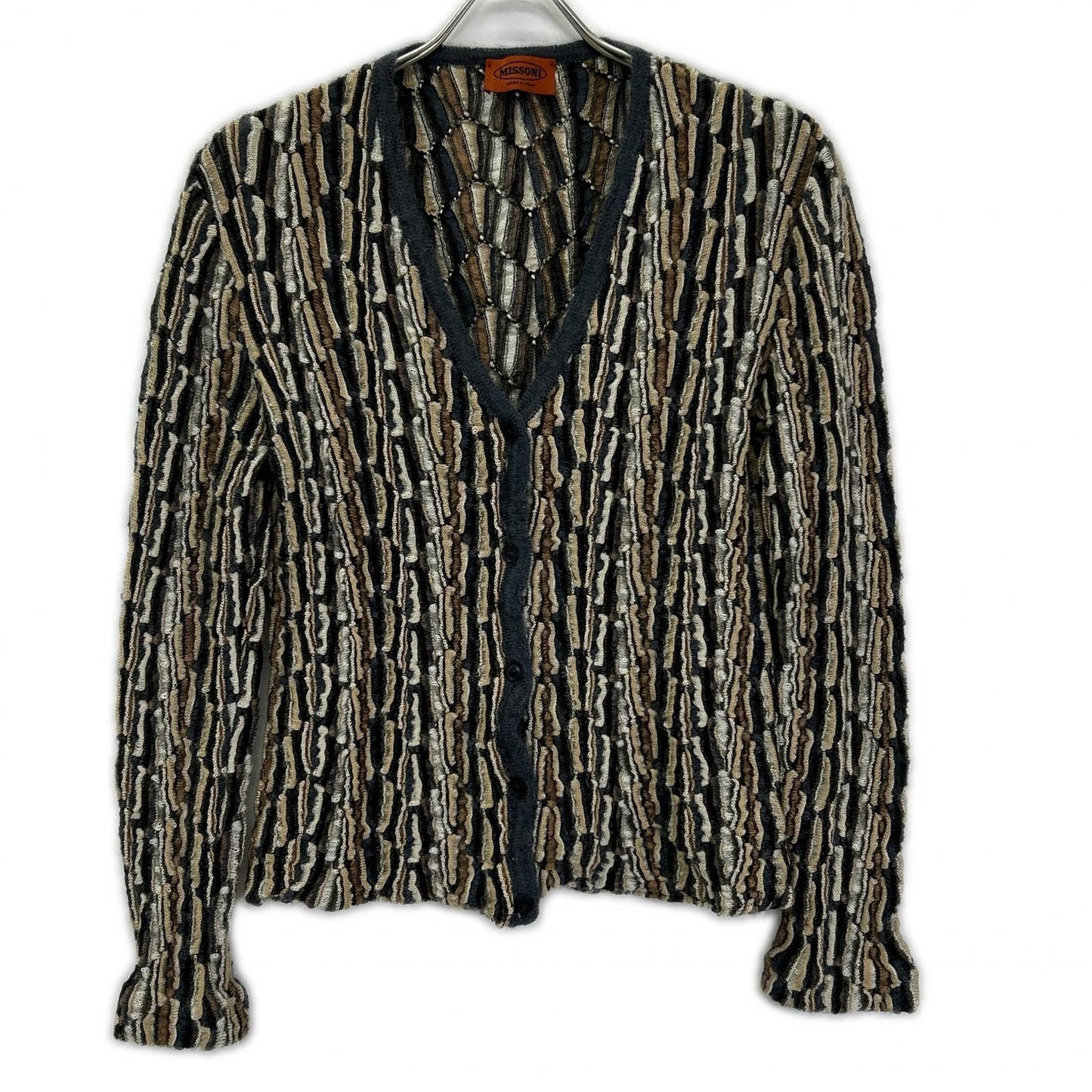 MISSONI ミッソーニ ネイビー×ブラウン系 シルク ウール混 3Dニットカーディガン トップス