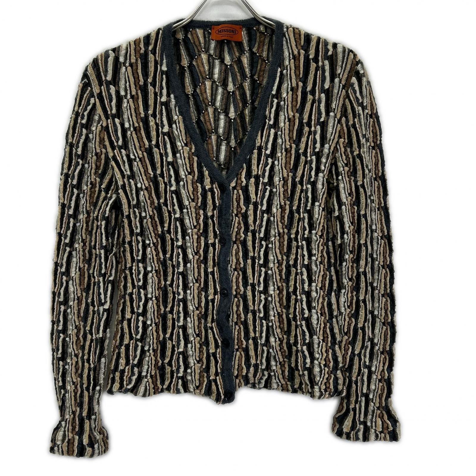 MISSONI ミッソーニ ネイビー×ブラウン系 シルク ウール混 3Dニットカーディガン トップス