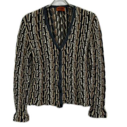 MISSONI ミッソーニ ネイビー×ブラウン系 シルク ウール混 3Dニットカーディガン トップス