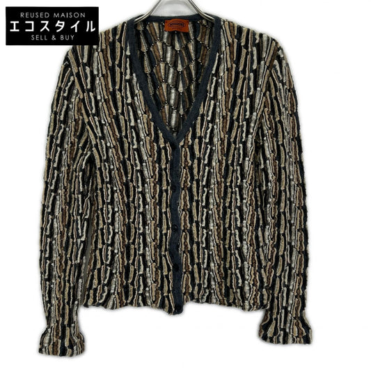 MISSONI ミッソーニ ネイビー×ブラウン系 シルク ウール混 3Dニットカーディガン トップス