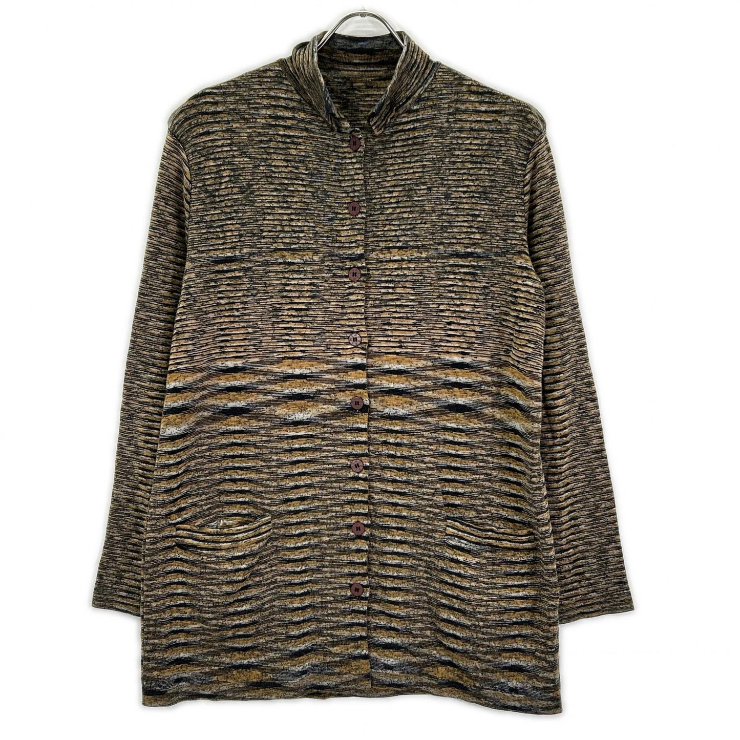 MISSONI ミッソーニ D-TK3192 イエロー×グレー系 ボーダー柄 ハイネック ウール混 ロングニットカーディガン トップス