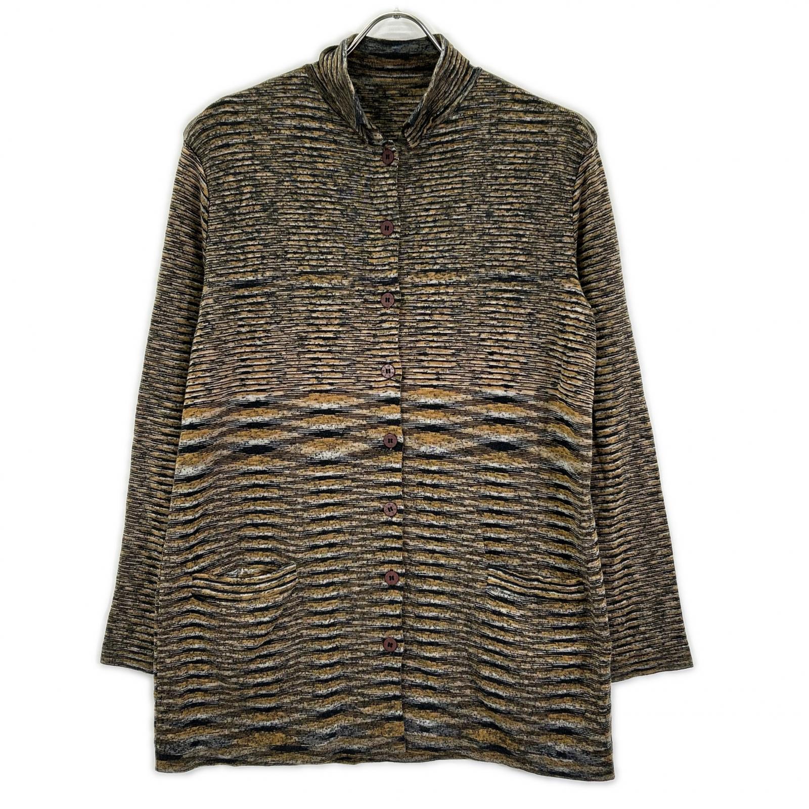 MISSONI ミッソーニ D-TK3192 イエロー×グレー系 ボーダー柄 ハイネック ウール混 ロングニットカーディガン トップス