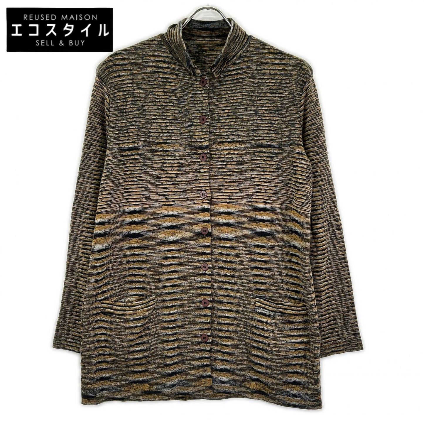 MISSONI ミッソーニ D-TK3192 イエロー×グレー系 ボーダー柄 ハイネック ウール混 ロングニットカーディガン トップス