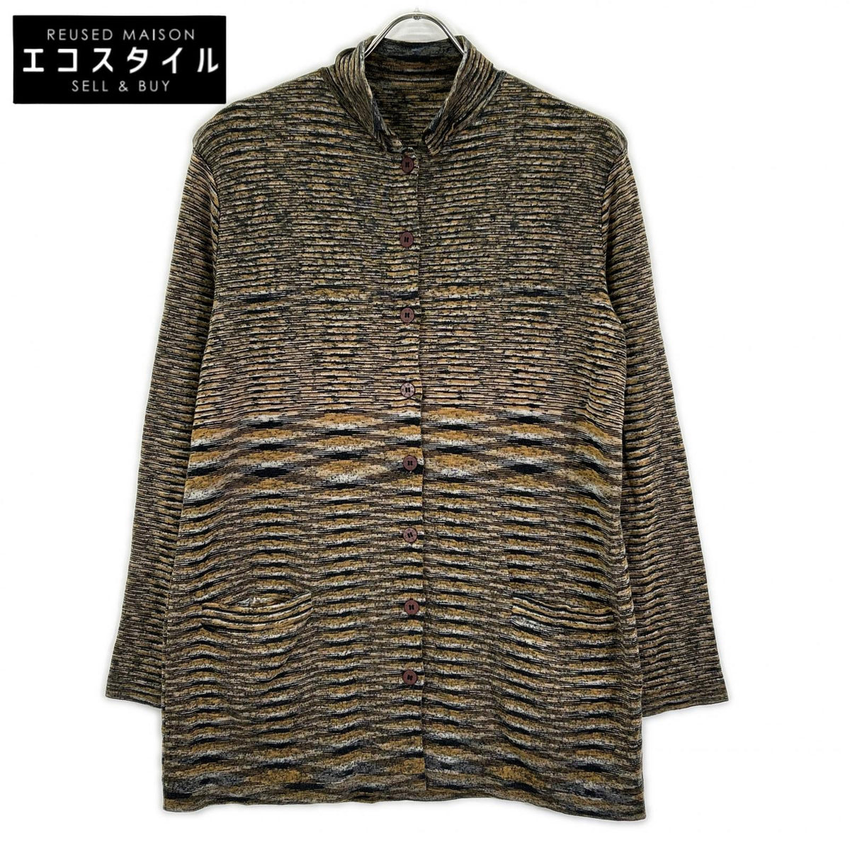 MISSONI ミッソーニ D-TK3192 イエロー×グレー系 ボーダー柄 ハイネック ウール混 ロングニットカーディガン トップス
