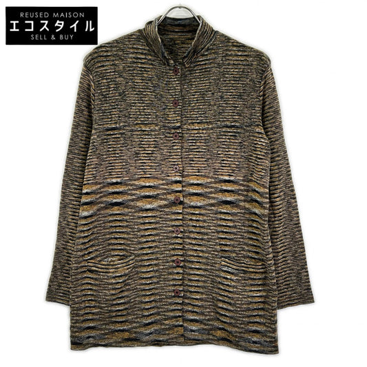 MISSONI ミッソーニ D-TK3192 イエロー×グレー系 ボーダー柄 ハイネック ウール混 ロングニットカーディガン トップス