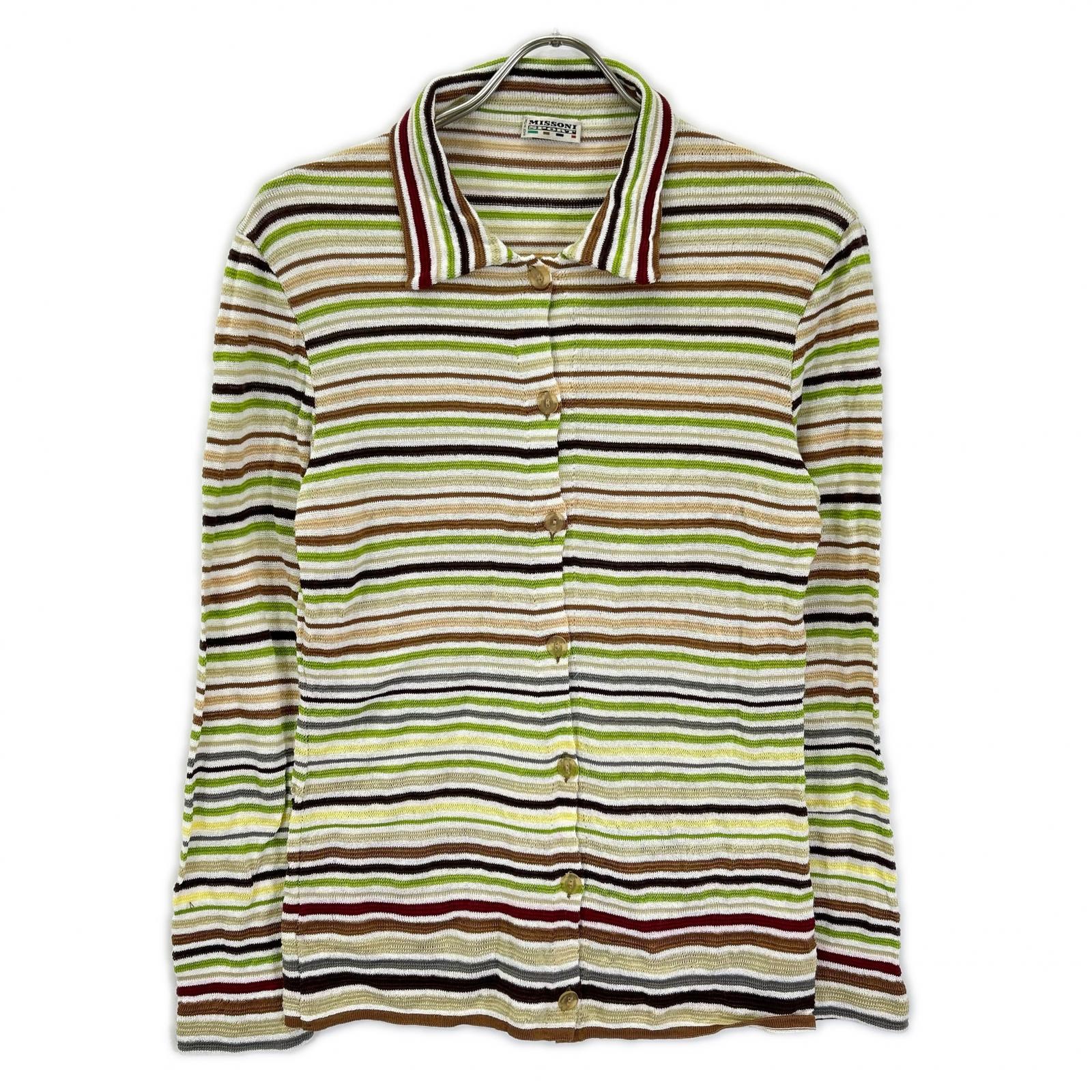 MISSONI SPORT ミッソーニスポーツ 2M313PM252 グリーン×ブラウン マルチボーダー 透かし編みニットカーディガン トップス