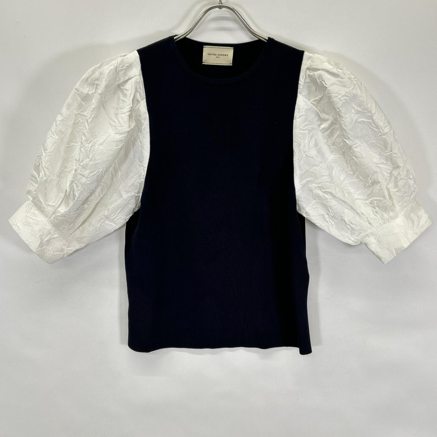 UNITED ARROWS ユナイテッドアローズ 1518-183-1775 ブラック×ホワイト ジャカードパフスリーブ ニットトップス トップス