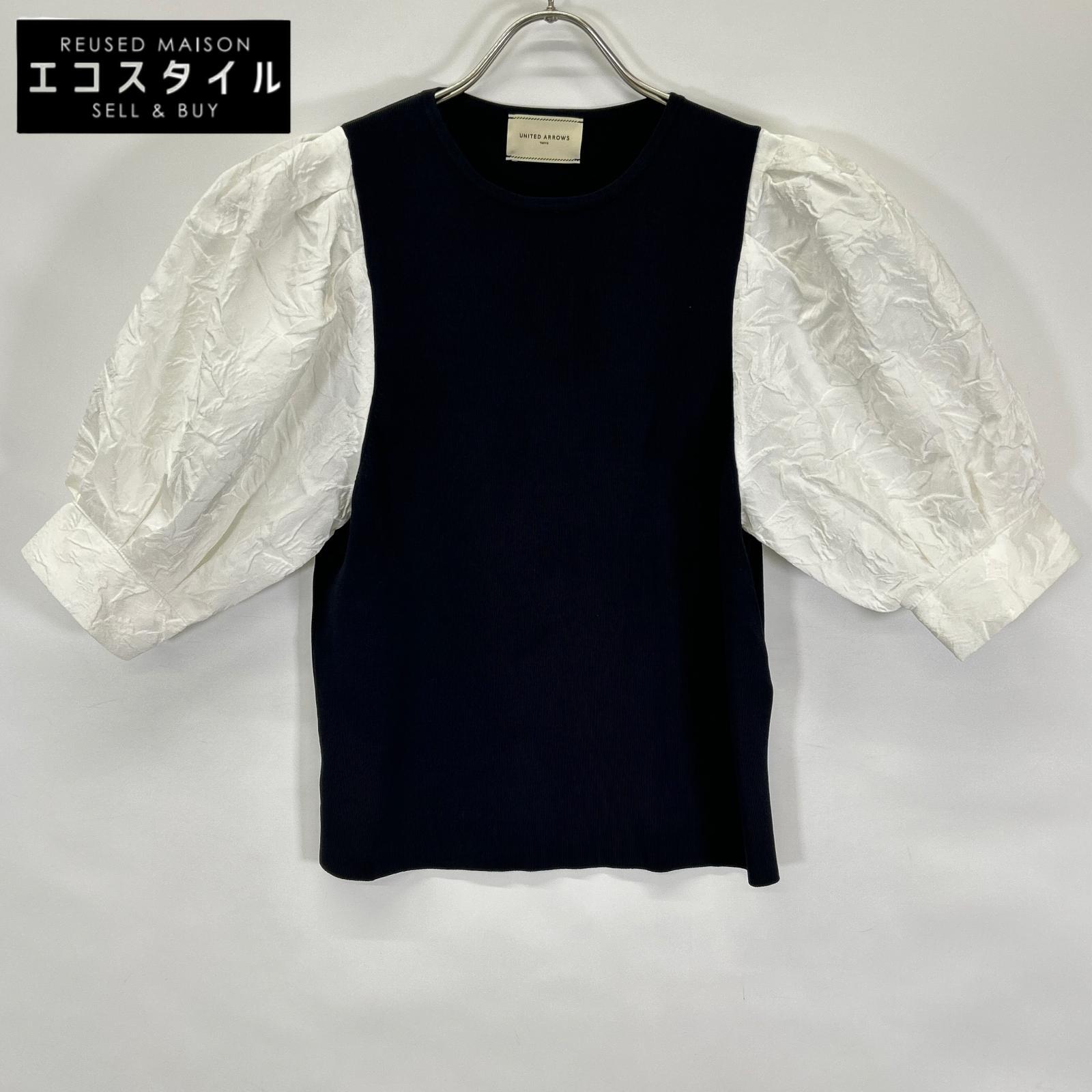 UNITED ARROWS ユナイテッドアローズ 1518-183-1775 ブラック×ホワイト ジャカードパフスリーブ ニットトップス トップス