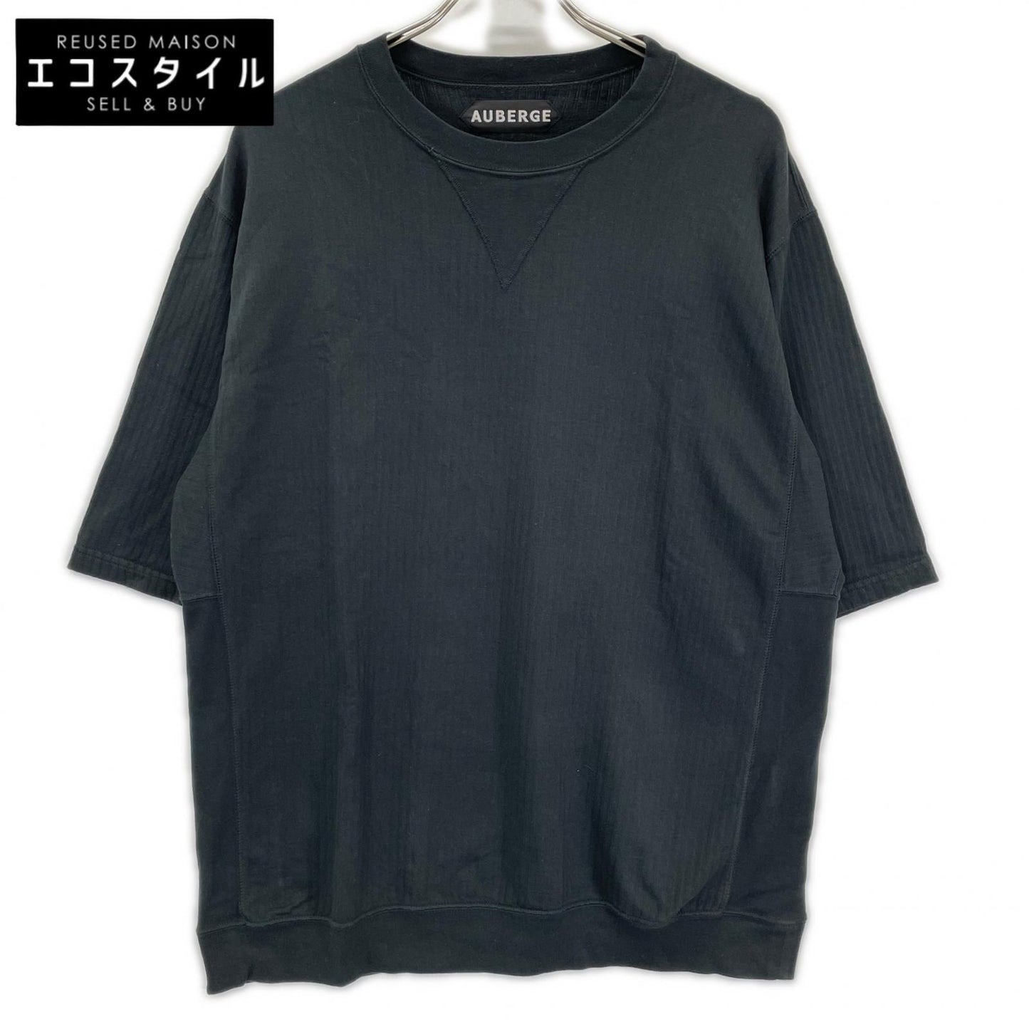 AUBERGE オーベルジュ グリーン Vガゼット コットン ストライプ Tシャツ トップス