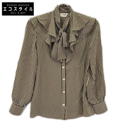 CELINE セリーヌ 2B213104J ベージュブラウン シルク ストライプ ヴィクトリアンブラウス トップス